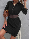 Women's new solid color single-breasted lapel long-sleeved loose dress Sai Feel