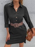 Women's new solid color single-breasted lapel long-sleeved loose dress Sai Feel