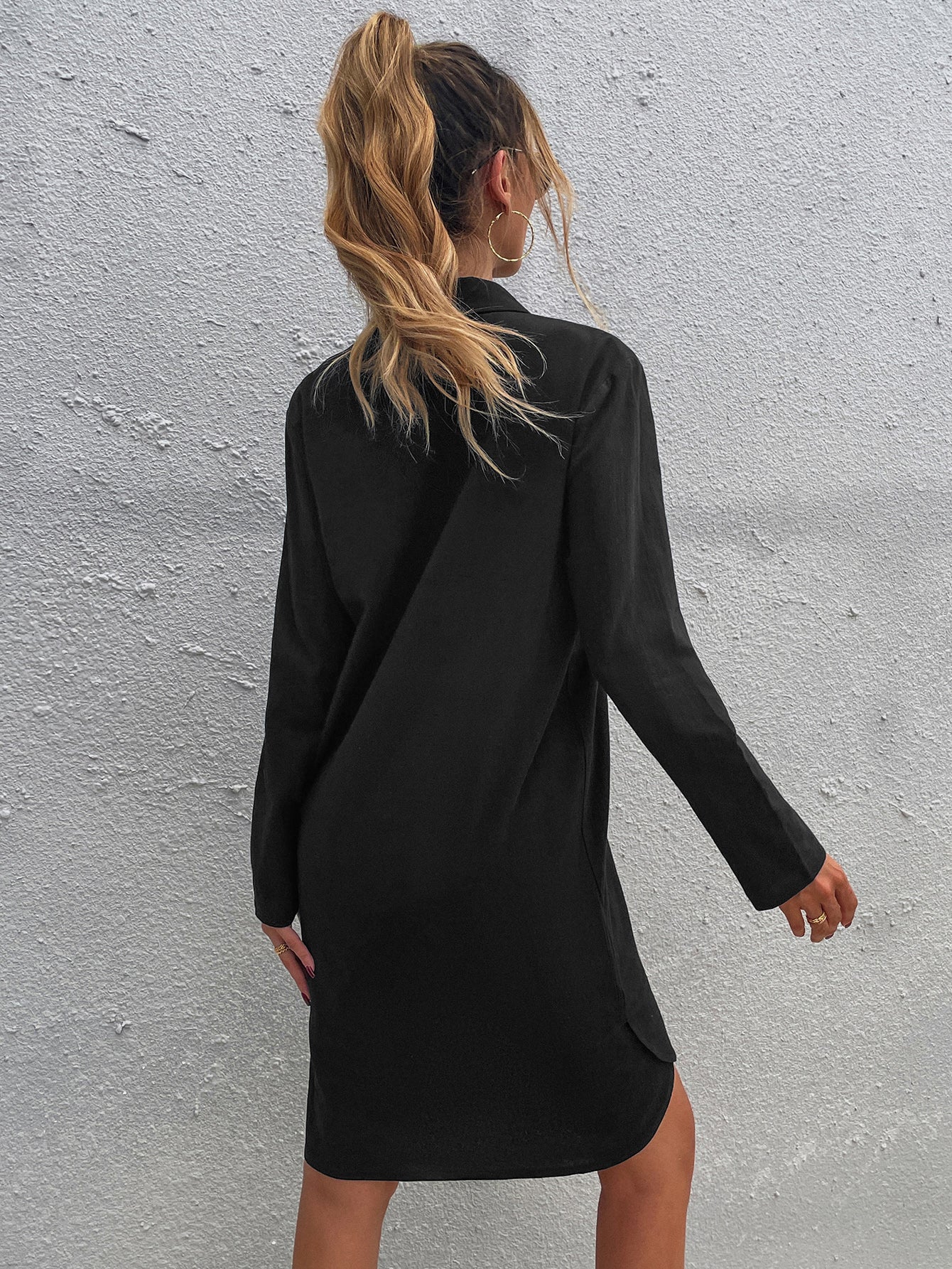 Women's new solid color single-breasted lapel long-sleeved loose dress Sai Feel