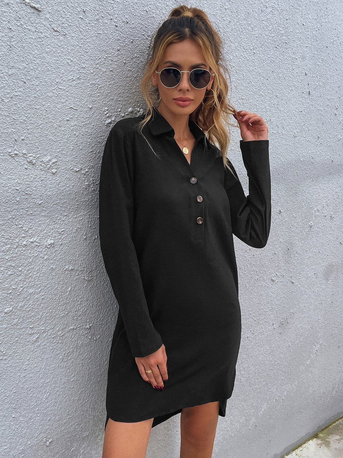 Women's new solid color single-breasted lapel long-sleeved loose dress Sai Feel