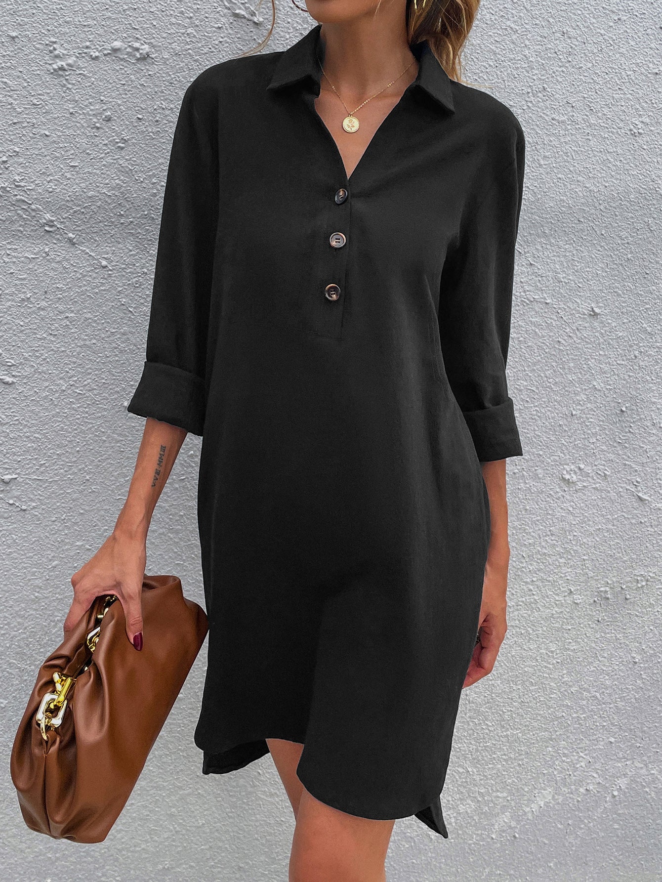 Women's new solid color single-breasted lapel long-sleeved loose dress Sai Feel