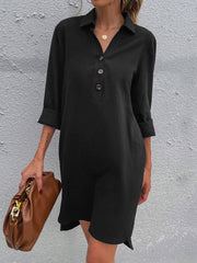 Women's new solid color single-breasted lapel long-sleeved loose dress Sai Feel