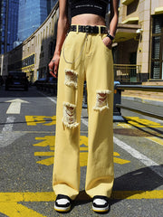 Women's plain color ripped jeans loose skinny high waist straight leg trousers Sai Feel