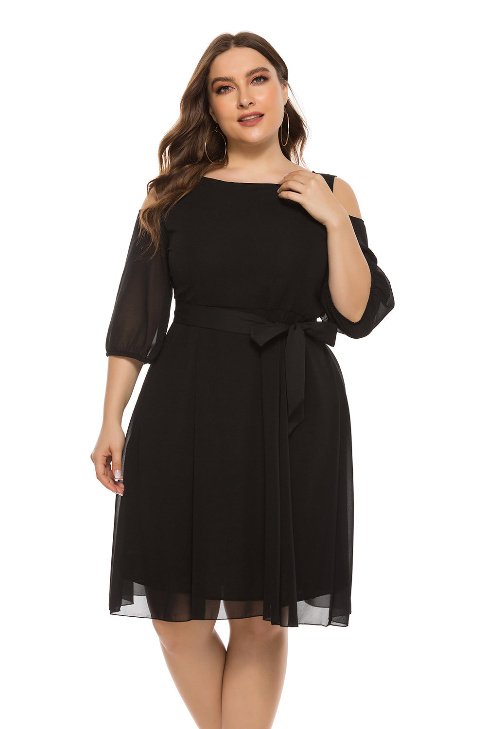 Women's plus size cold shoulder 3/4 sleeve chiffon midi dress Sai Feel