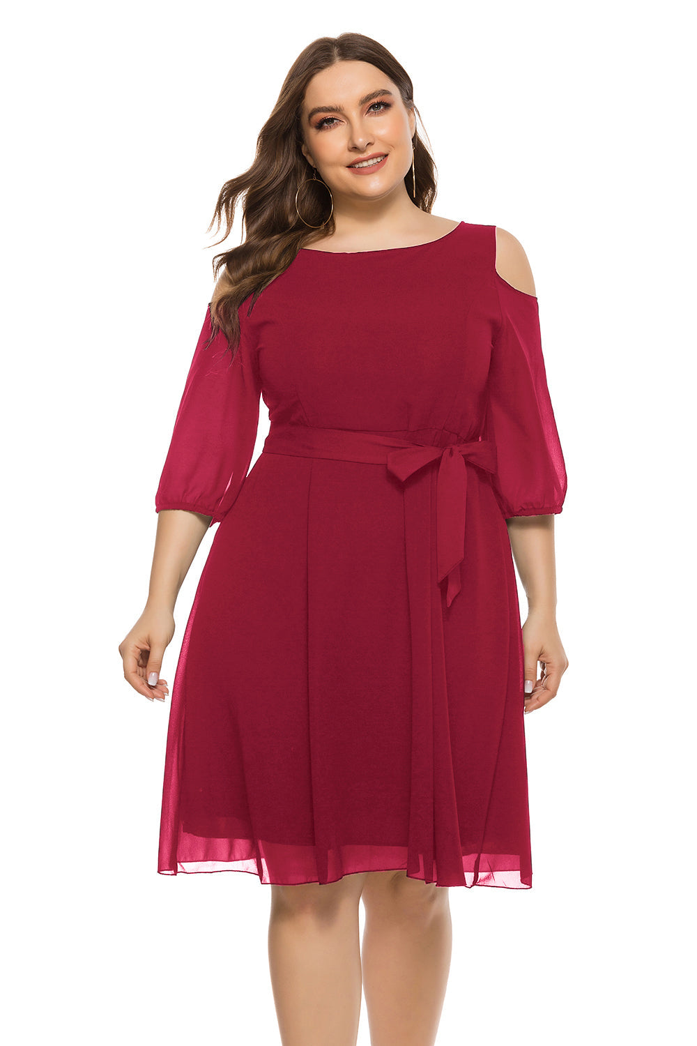 Women's plus size cold shoulder 3/4 sleeve chiffon midi dress Sai Feel