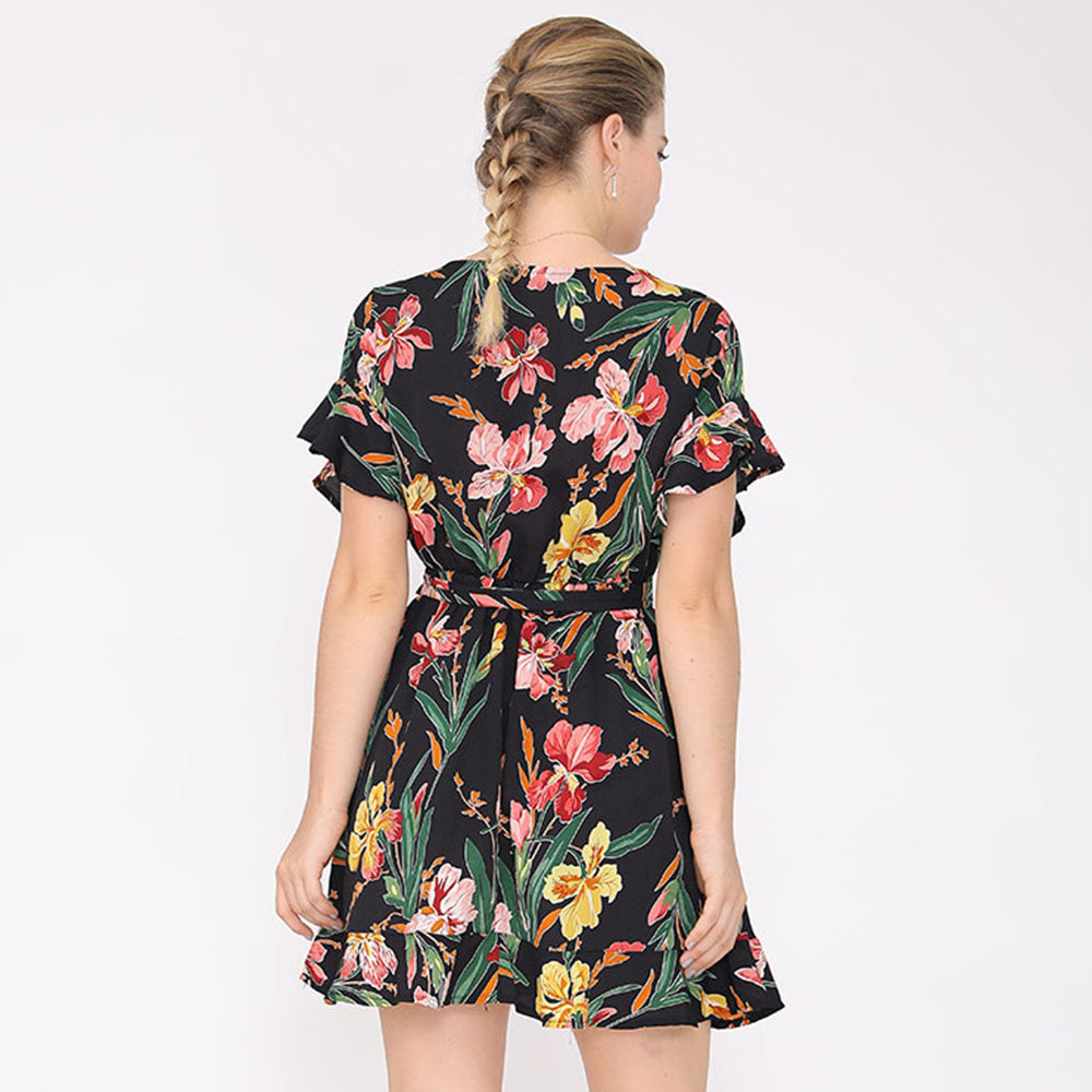 Women's print V-neck tie - up slim flower printing dress with short sleeves Sai Feel