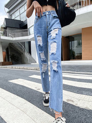 Women's ripped jeans cropped high waist baggy straight trousers Sai Feel