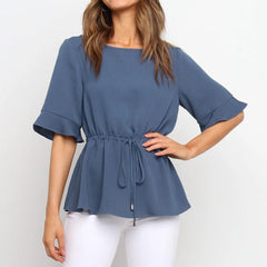 Women's ruffle round neck with five - quarter sleeves pullover T-shirt Sai Feel