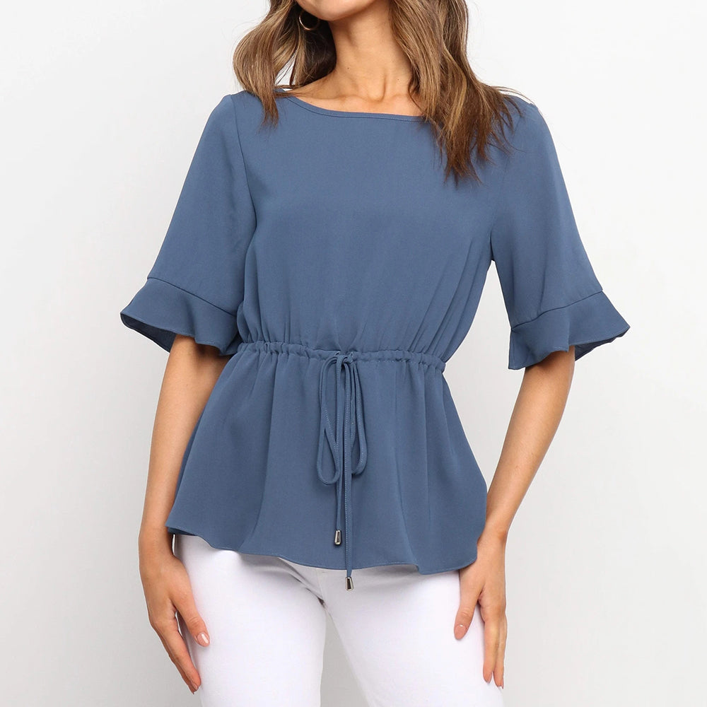 Women's ruffle round neck with five - quarter sleeves pullover T-shirt Sai Feel