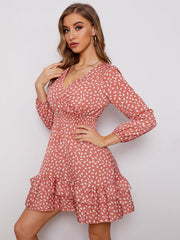 Women's sexy v-neck bubble long sleeve small floral dress Sai Feel