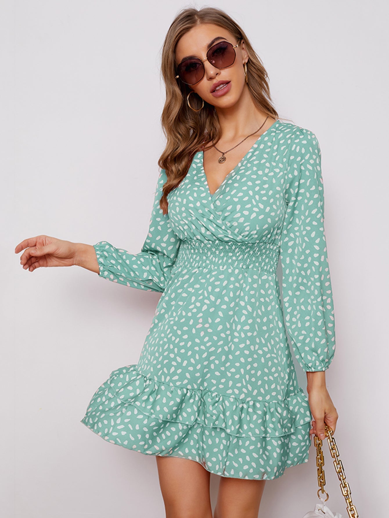 Women's sexy v-neck bubble long sleeve small floral dress Sai Feel