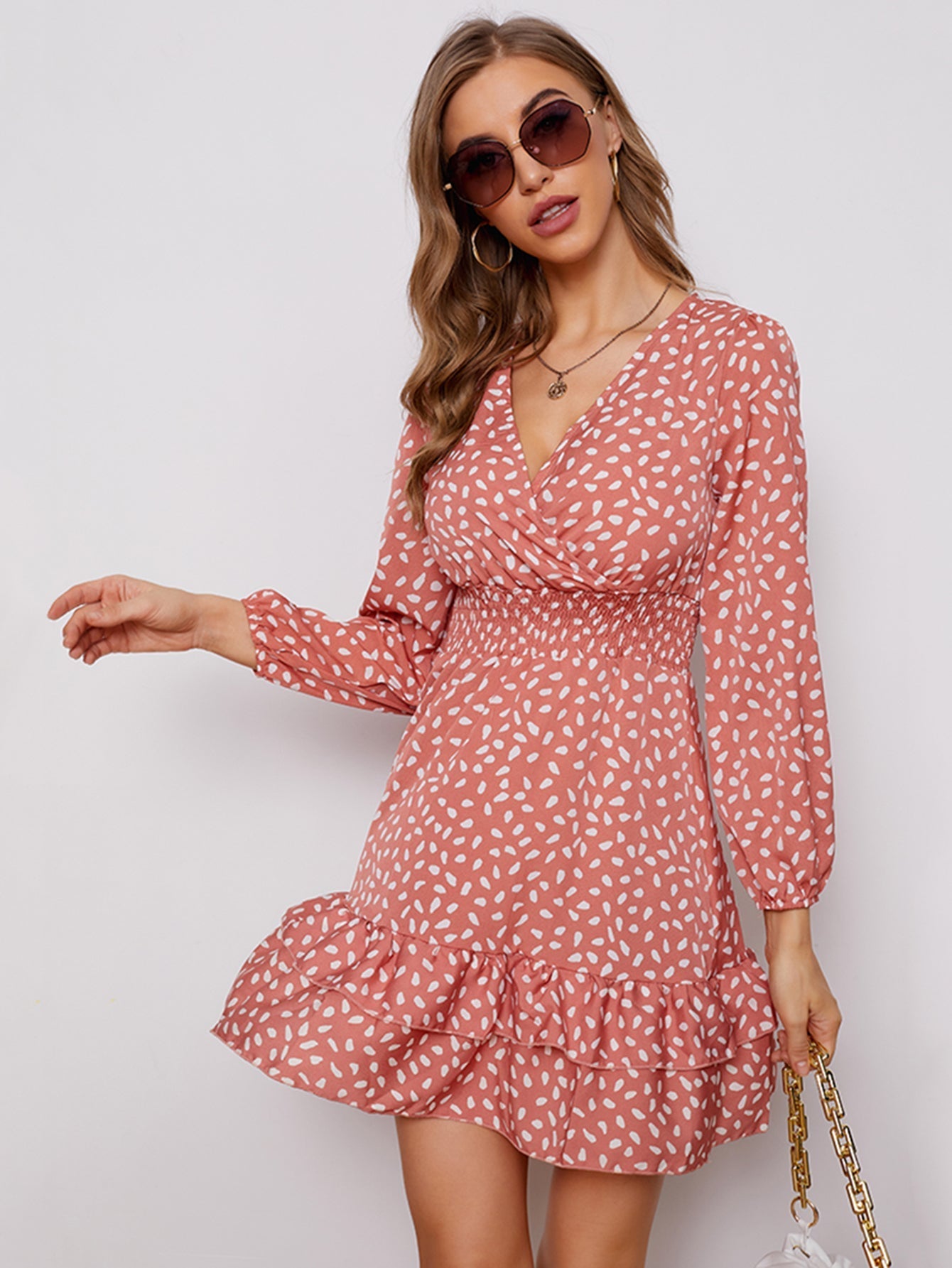 Women's sexy v-neck bubble long sleeve small floral dress Sai Feel