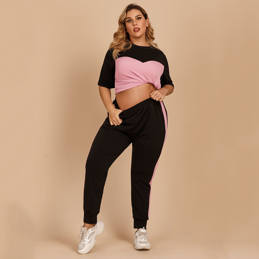 Women's summer color contrast half sleeve round collar blouse stretch waist slim trousers loose sport suit set of 2 plus size Sai Feel