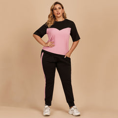 Women's summer color contrast half sleeve round collar blouse stretch waist slim trousers loose sport suit set of 2 plus size Sai Feel