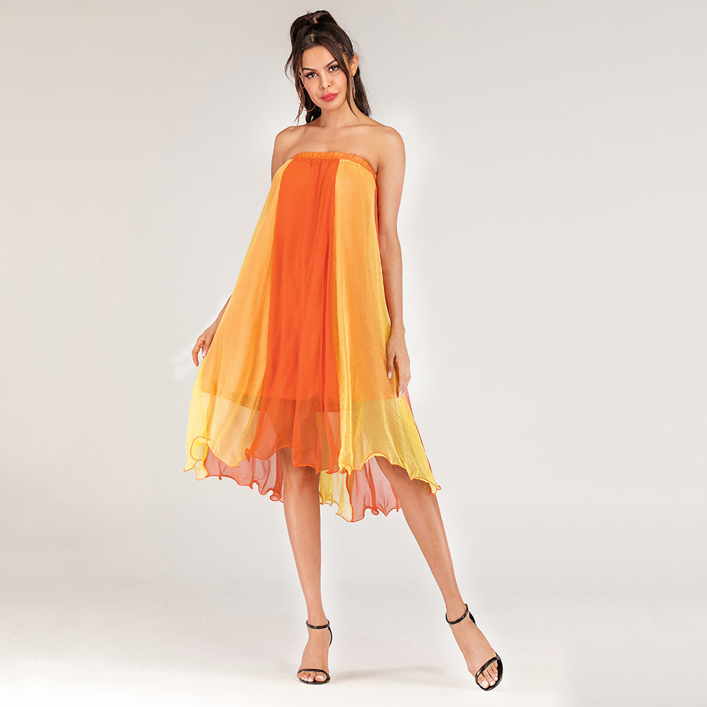 Women's two-dress spliced skirt casual tie color beach A line dress Sai Feel