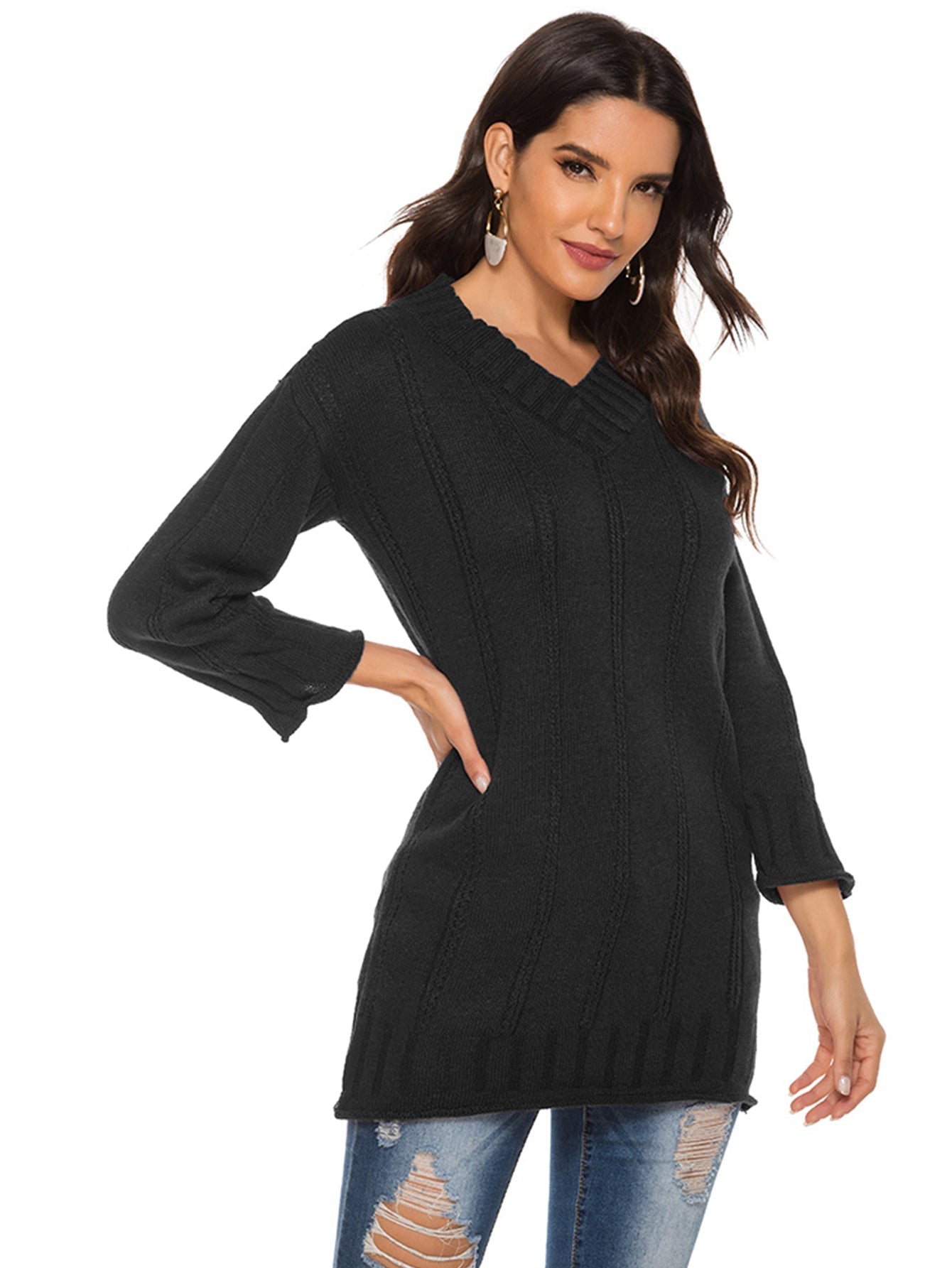 Women's v-neck jumper solid color loose medium length sweater Sai Feel