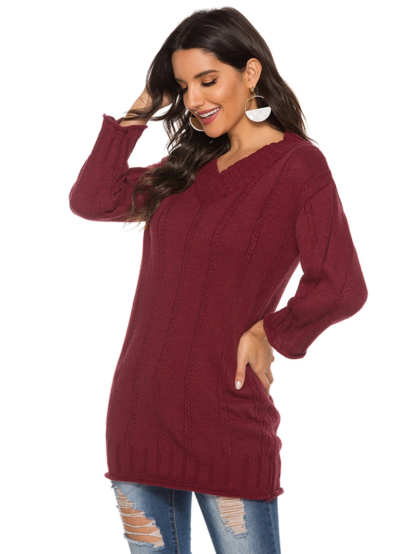 Women's v-neck jumper solid color loose medium length sweater Sai Feel