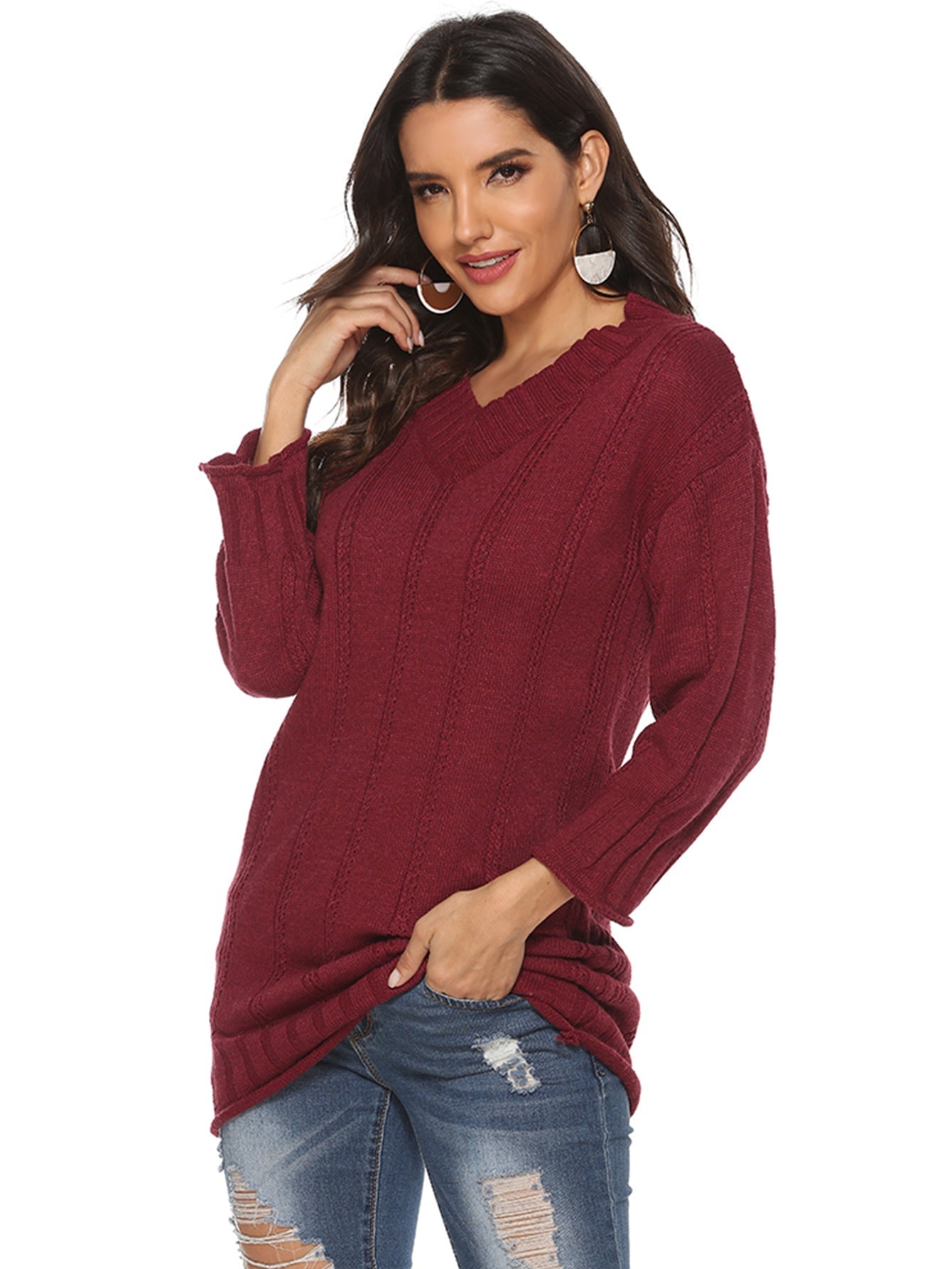 Women's v-neck jumper solid color loose medium length sweater Sai Feel