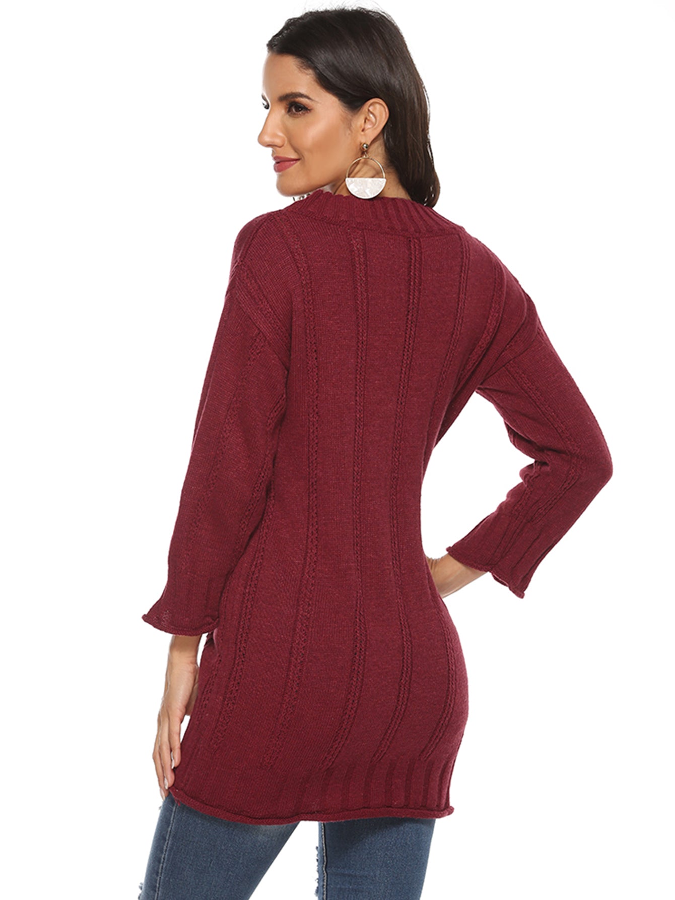 Women's v-neck jumper solid color loose medium length sweater Sai Feel