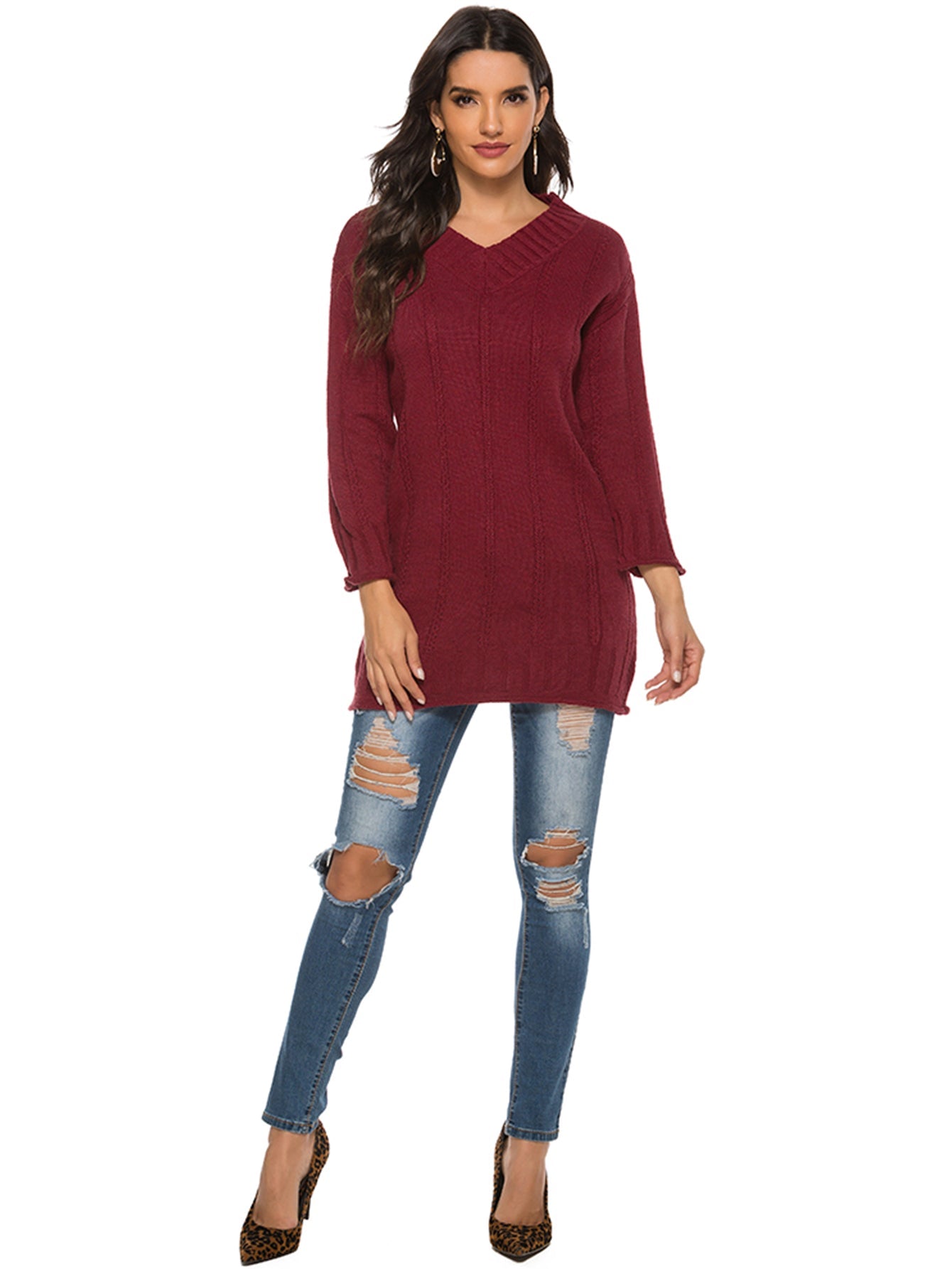Women's v-neck jumper solid color loose medium length sweater Sai Feel
