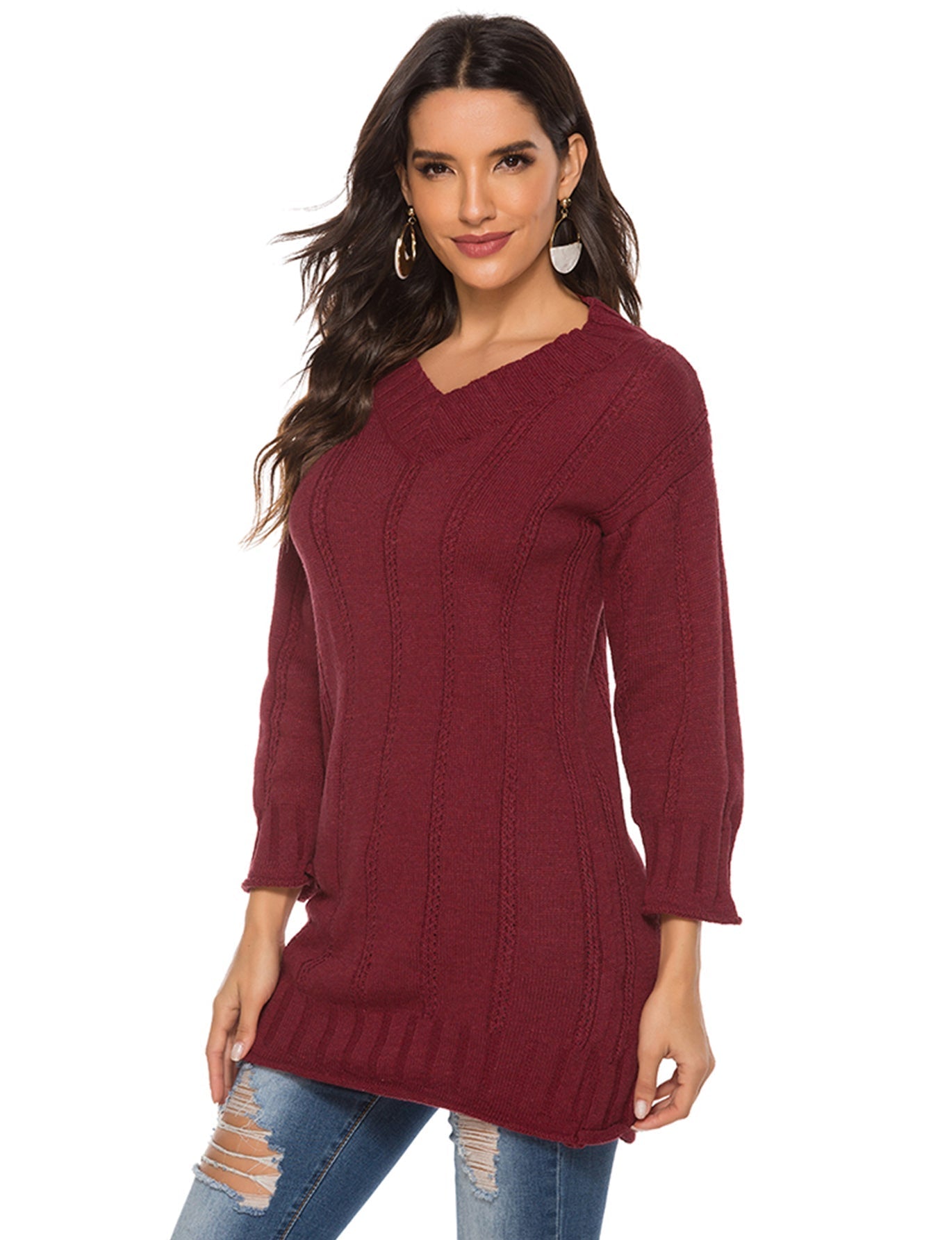 Women's v-neck jumper solid color loose medium length sweater Sai Feel