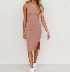 Women's vests pure color knitting sexy slit slim long dress Sai Feel