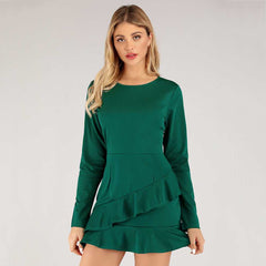 Women solid color round neck and irregular flounces long sleeves dress Sai Feel