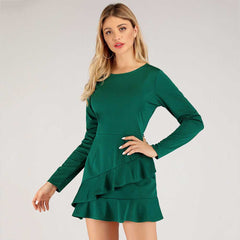 Women solid color round neck and irregular flounces long sleeves dress Sai Feel