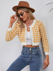 Women wear long - sleeved knitted short plaid sweaters Sai Feel