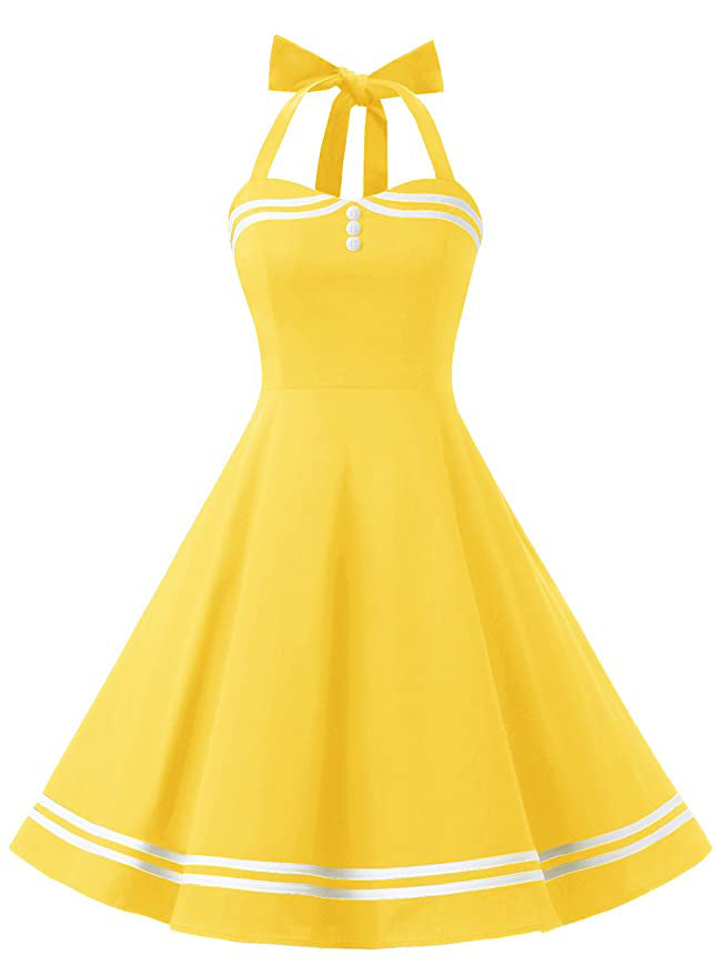 Womens 1950s Retro Rockabilly Princess Cosplay Dress solid color yellow Halter Audrey Hepburn 50's 60's Party Costume Gown(S-2XL) Sai Feel