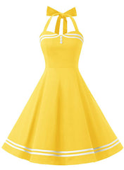 Womens 1950s Retro Rockabilly Princess Cosplay Dress solid color yellow Halter Audrey Hepburn 50's 60's Party Costume Gown(S-2XL) Sai Feel