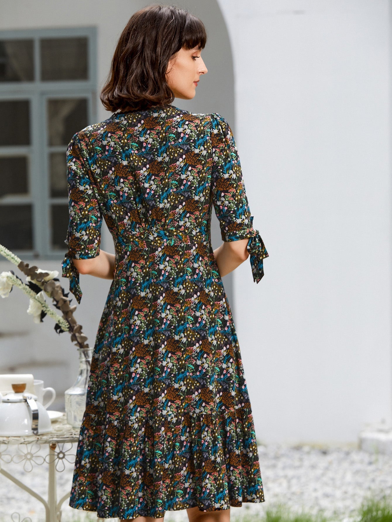 Womens Deep V Neck Button Front Casual Floral Print Long Dress Half Sleeve Bohemian Holiday Dresses Sai Feel