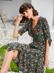 Womens Deep V Neck Button Front Casual Floral Print Long Dress Half Sleeve Bohemian Holiday Dresses Sai Feel