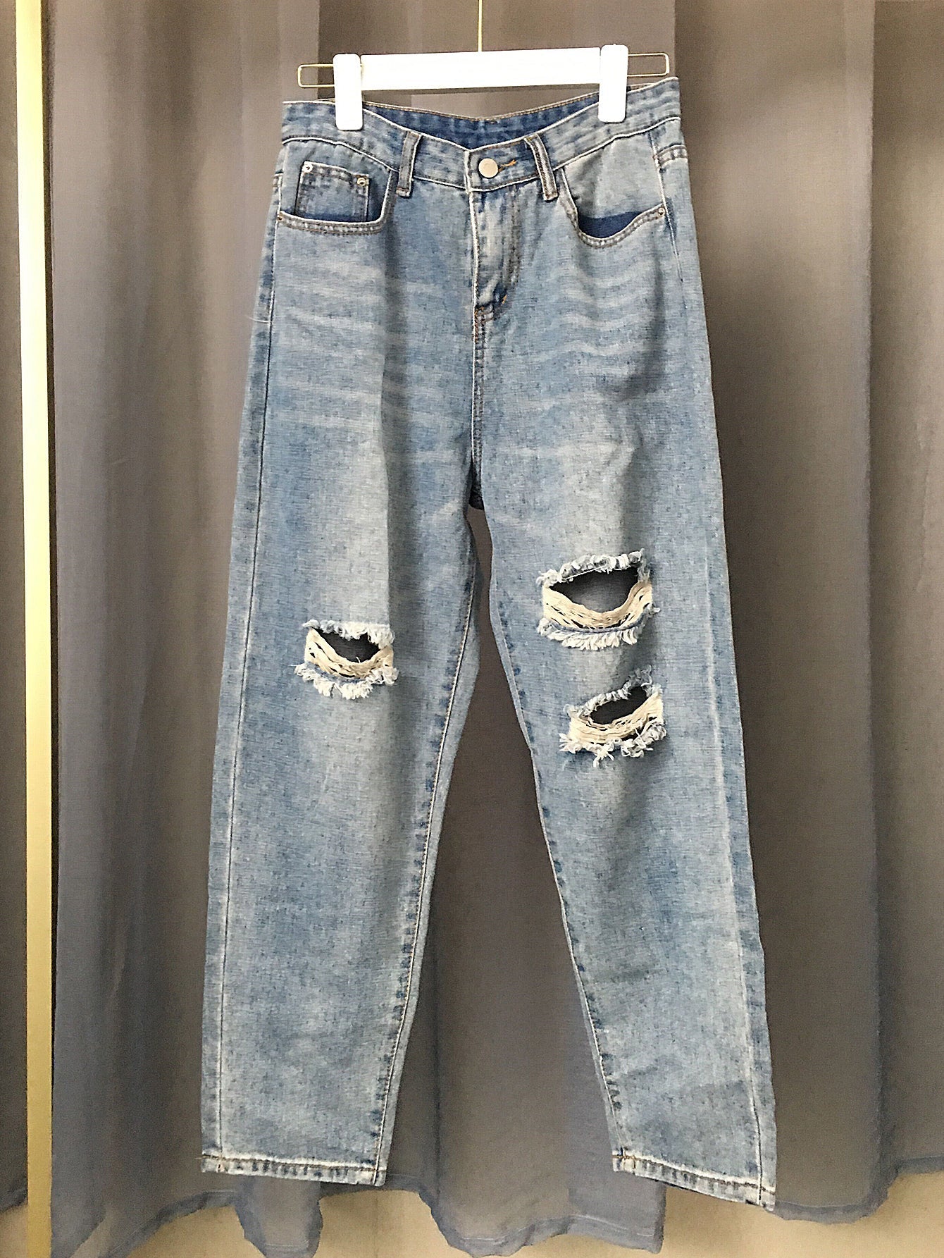 Womens Middle Waisted Denim Stretch Jeans Ripped Distressed Pants Trousers Sai Feel