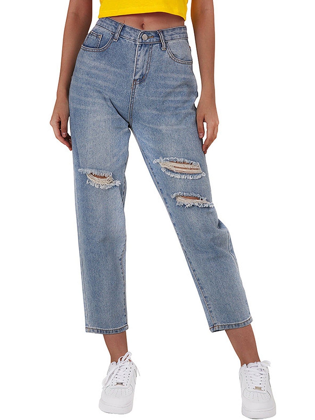 Womens Middle Waisted Denim Stretch Jeans Ripped Distressed Pants Trousers Sai Feel