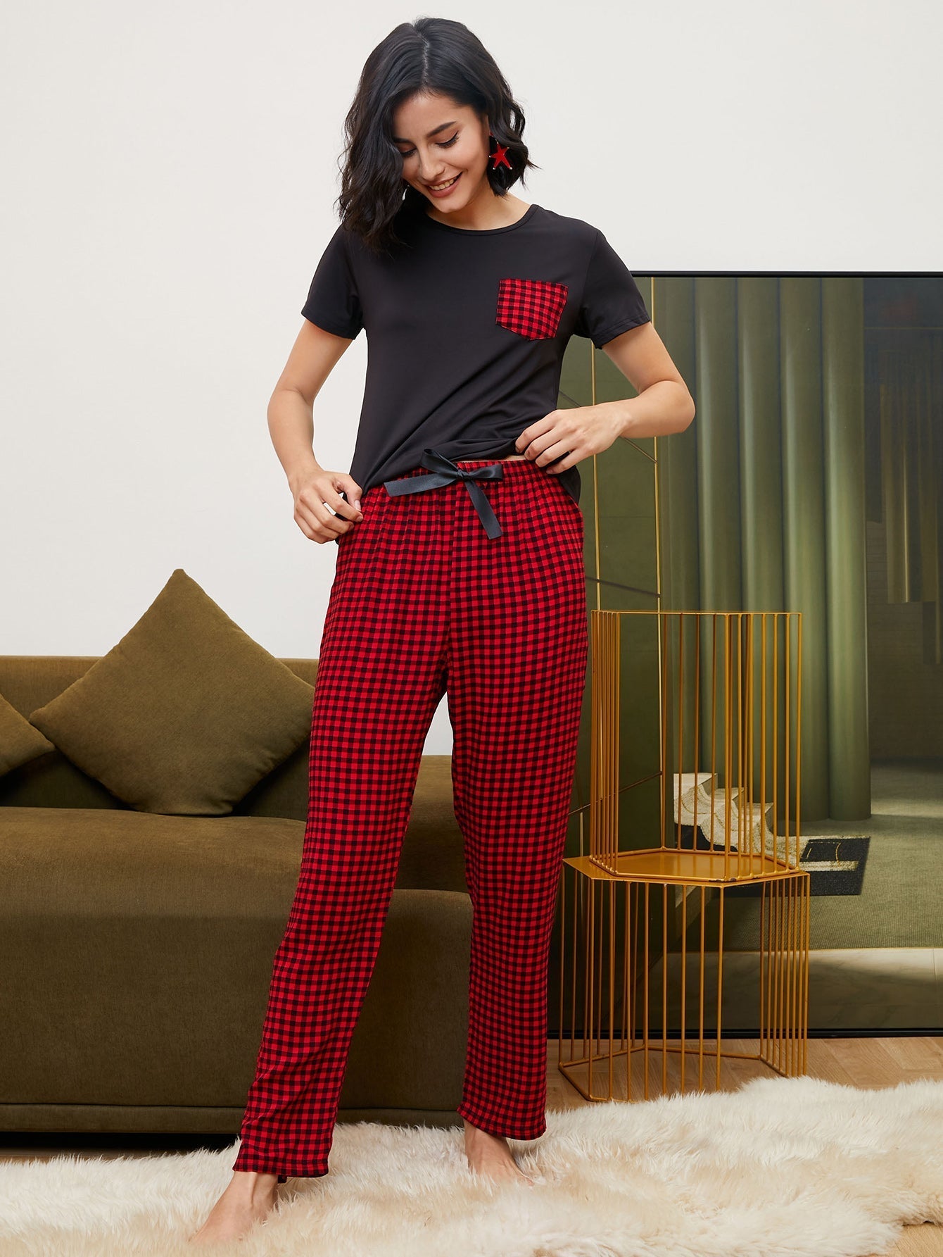 Womens Pajama Set - Short Sleeve Shirt and Pajama Pants Pj Set;Home Nightwear Sleepsuit,Gingham Pants With Tee Pajama Set Sai Feel