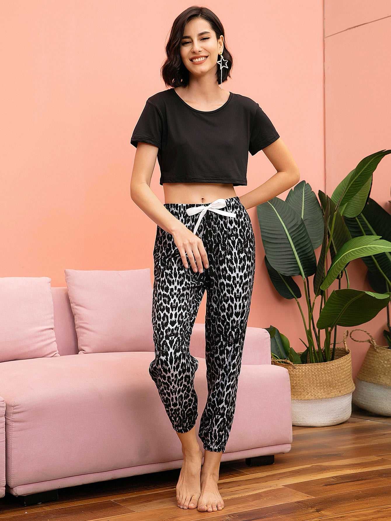 Womens Pajama Set - Short Sleeve Shirt and Pajama Pants Pj Set,Home Nightwear Sleepsuit loungewear,leopard pattern Sai Feel