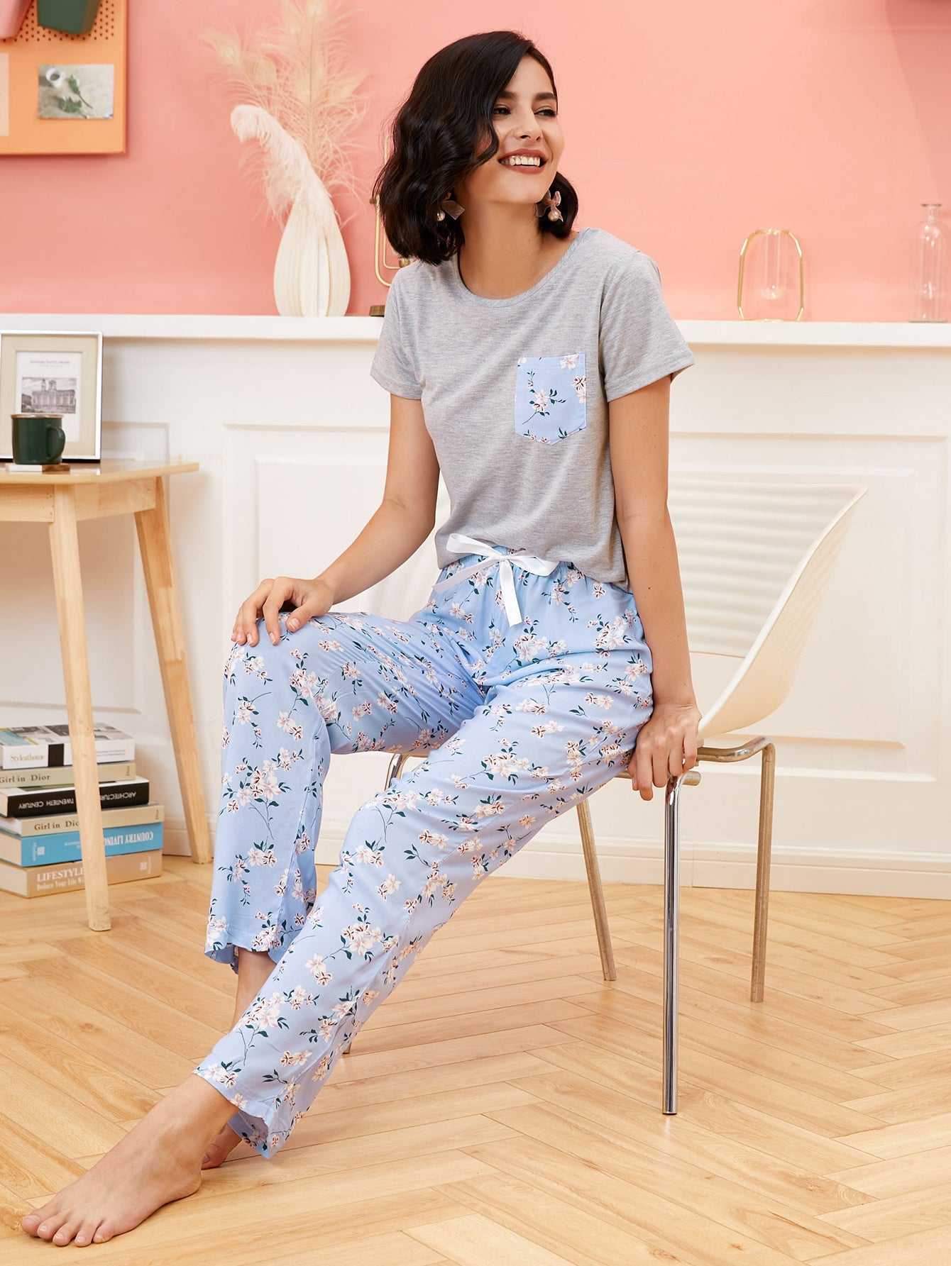 Womens Pajama Set - Short Sleeve Shirt and Pajama Pants Pj Set;Home Nightwear Sleepsuit,lungewear set Sai Feel
