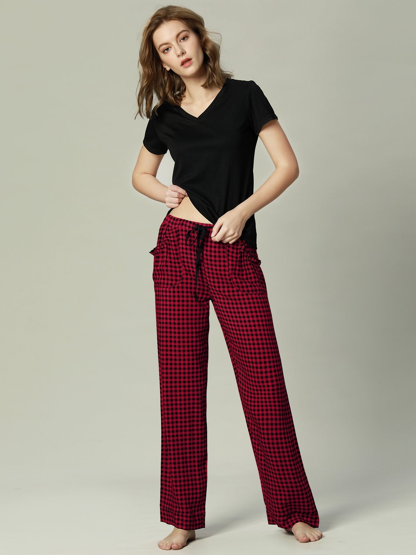 Womens' Pajama Set - Short Sleeve Shirt and Plaid Pajama Pants Pj Set;Home Nightwear Sleepsuit XS-XXL Loungewear set Sai Feel