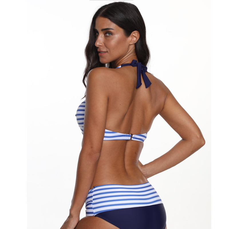 Womens Stripe Printed Halter Swimwear Swimsuit Bathing Suit Two Pieces Beachwear Bikini Beachwear Sai Feel