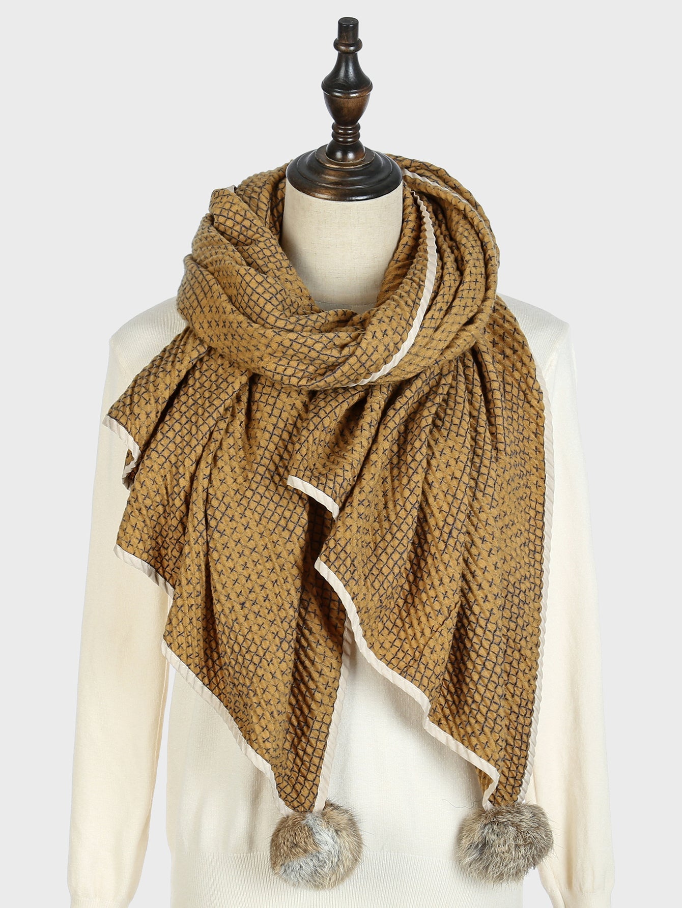 Wool ball fringed scarf shawl Sai Feel