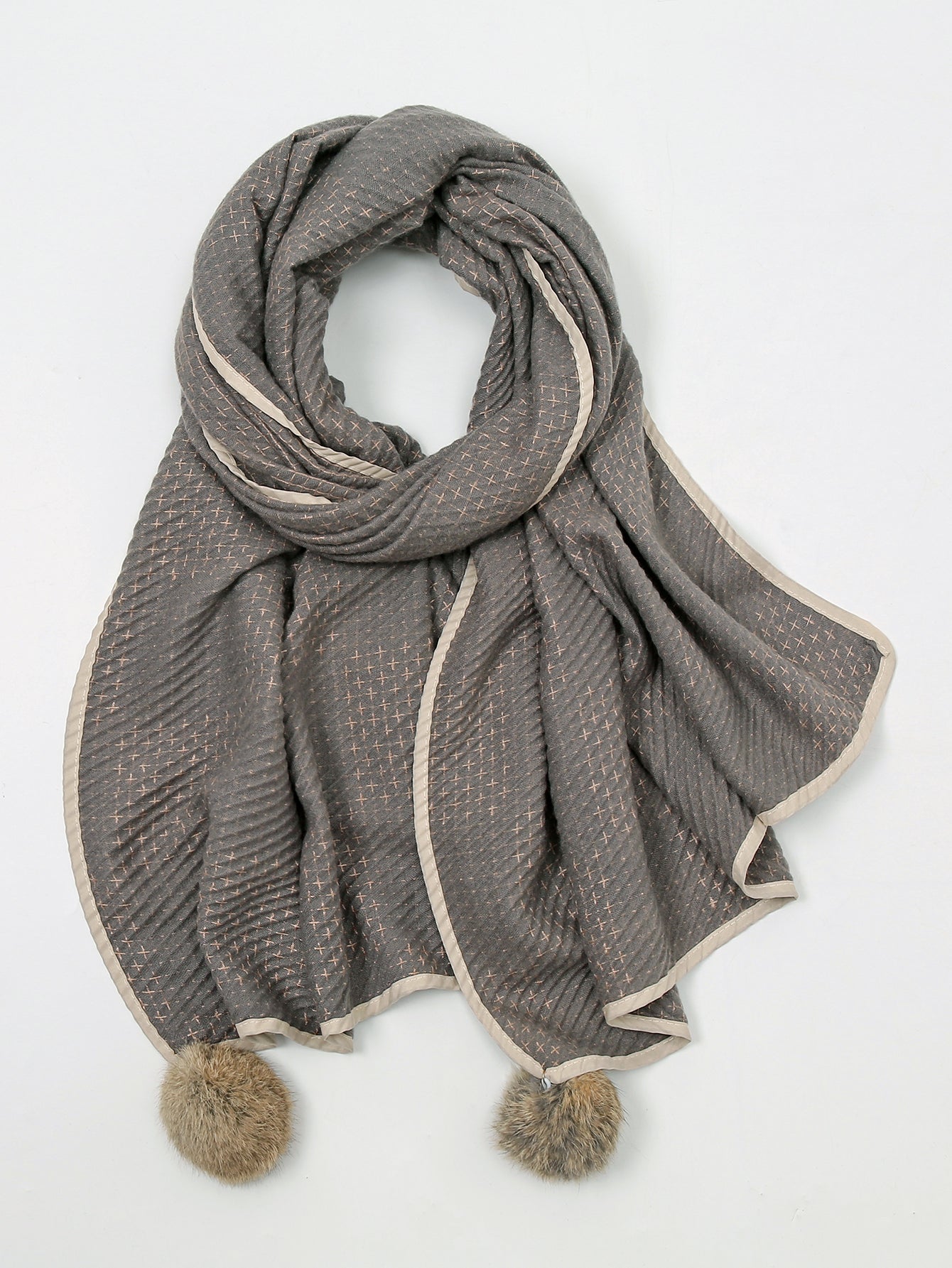 Wool ball fringed scarf shawl Sai Feel