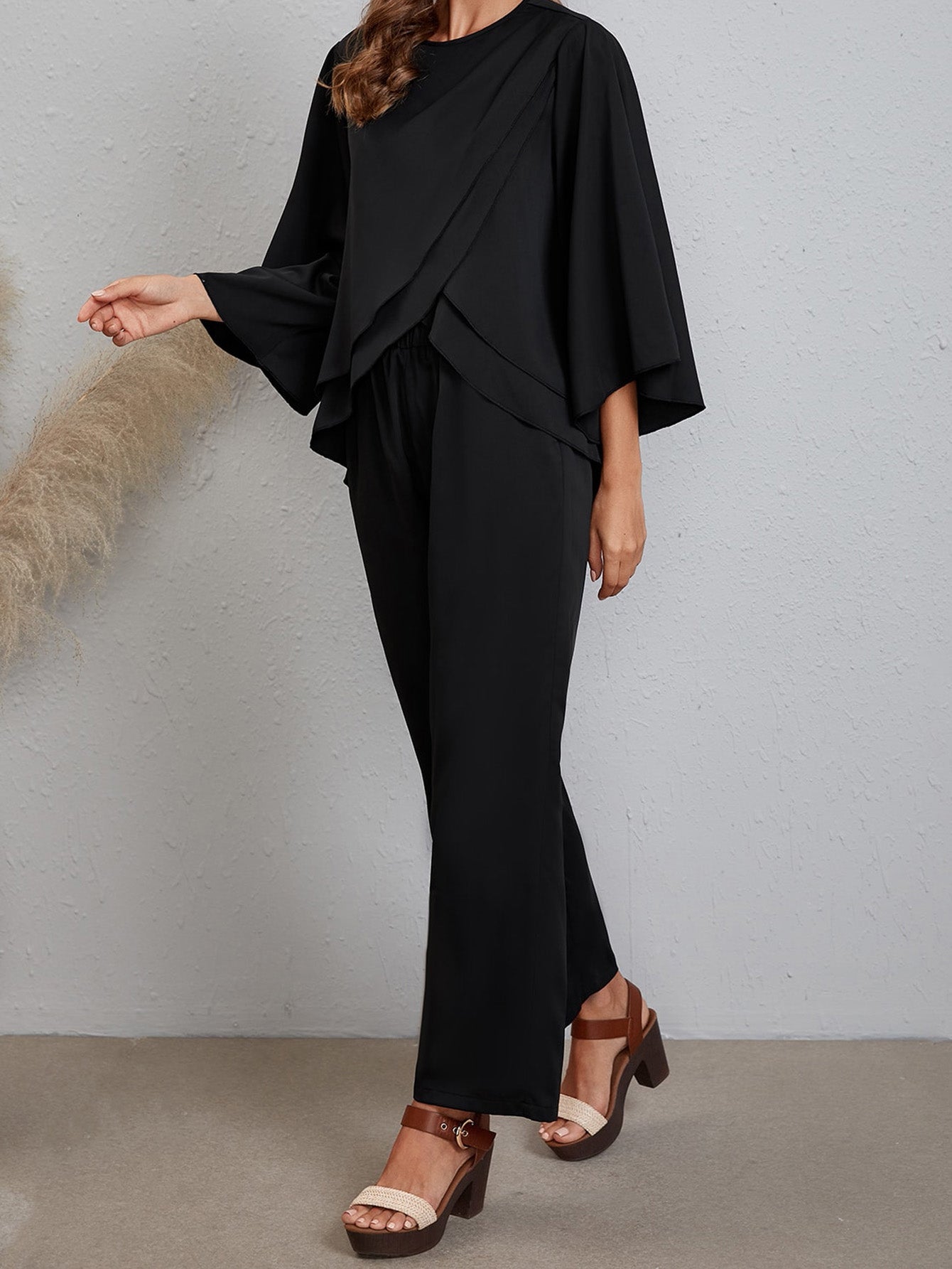 Wrap Front Blouse and Wide Leg Two-Piece Set Sai Feel