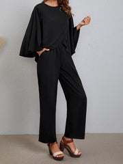 Wrap Front Blouse and Wide Leg Two-Piece Set Sai Feel
