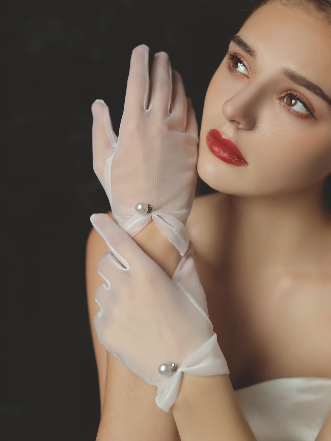 Wrist Length Faux Pearl bow Bridal wedding Gloves accessories Sai Feel