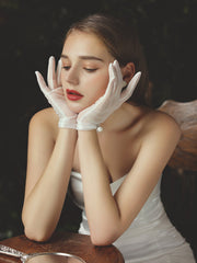 Wrist Length Faux Pearl bow Bridal wedding Gloves accessories Sai Feel