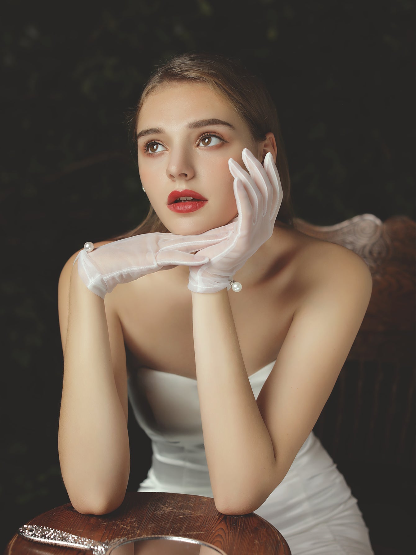 Wrist Length Faux Pearl bow Bridal wedding Gloves accessories Sai Feel