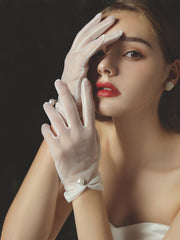 Wrist Length Faux Pearl bow Bridal wedding Gloves accessories Sai Feel