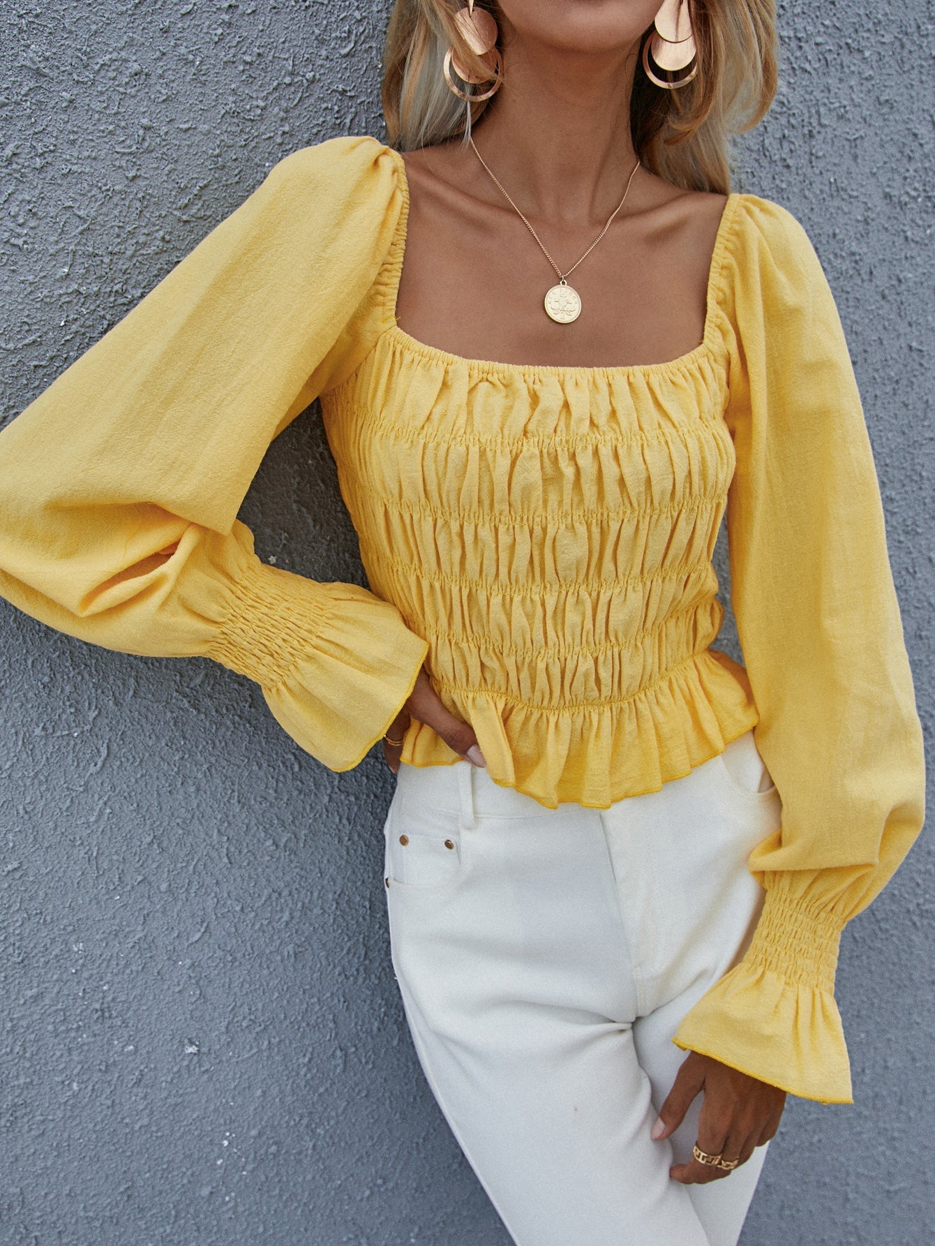 Yellow Ruffle Hem Shirred Blouse Sai Feel