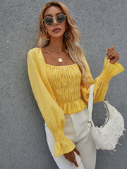 Yellow Ruffle Hem Shirred Blouse Sai Feel